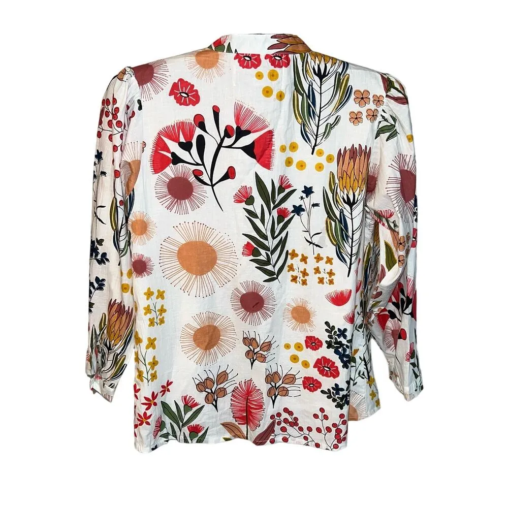 Fox & Hen Botanical Print Cotton Smocked Long Sleeved Blouse V - Image 4