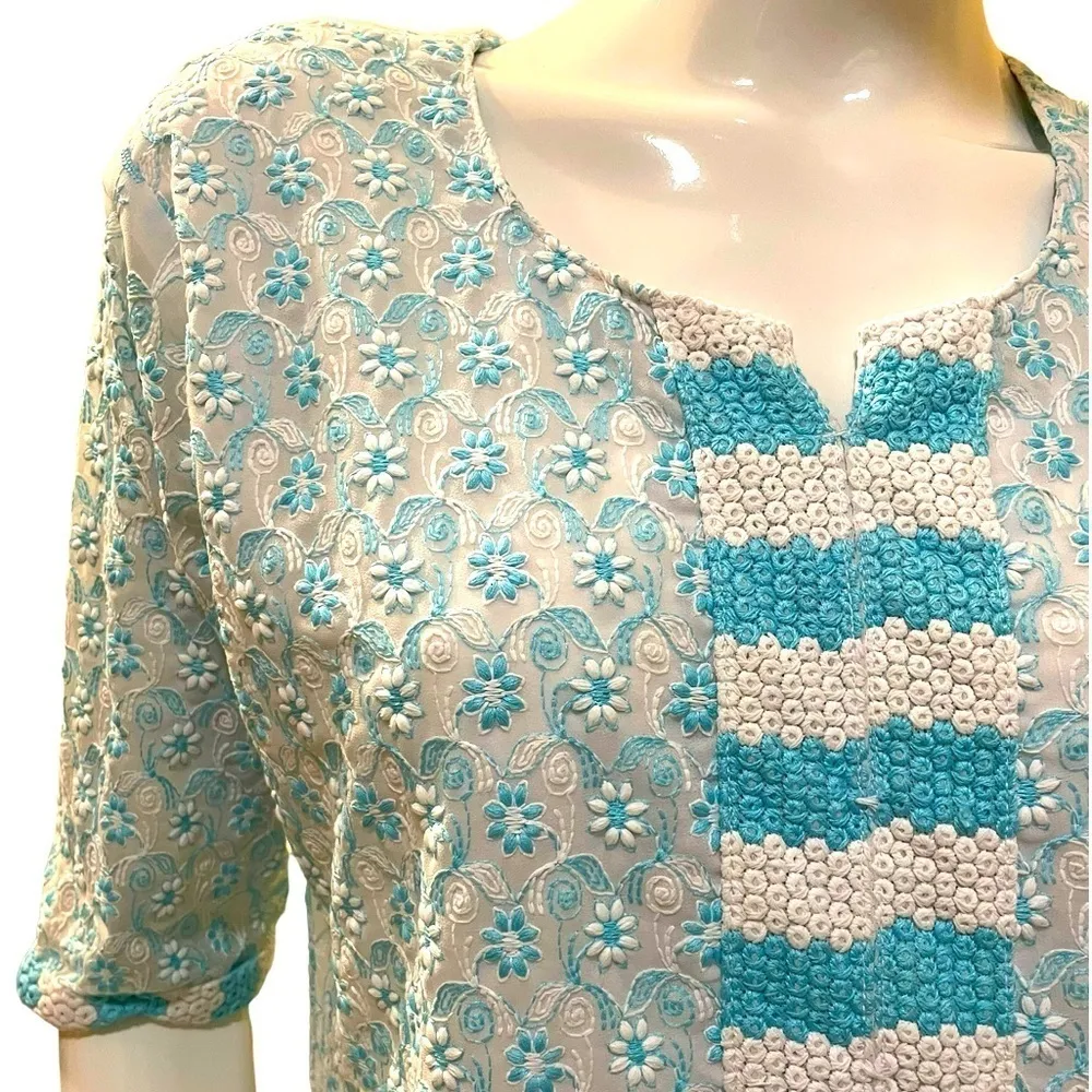 Kaira Split Neck Embroidered Floral Turquoise White Tunic Kurata XL Blue - Image 2