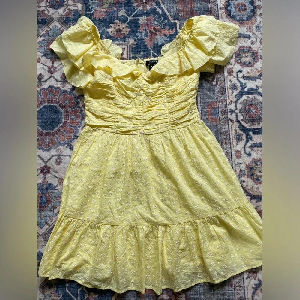 AQUA V-Neck Ruffled Eyelet Mini Dress Women's Large Yellow Short Flutter Sleeve - Image 7