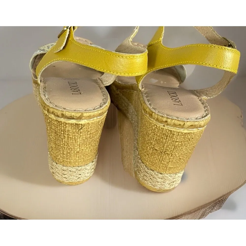 Lasocki Faux Snakeskin Leather Sandals Wedge Espadrille Sandals Sz 38 U.S 7 Yellow - Image 5