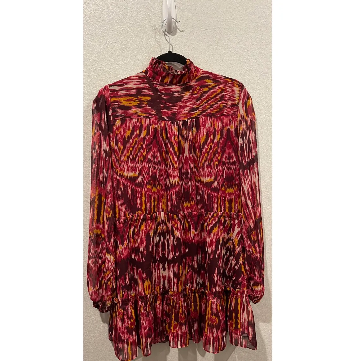 House of Harlow 1960 Burgundy Chiffon Ruffle Neck Long Sleeve Mini Dress - Image 6