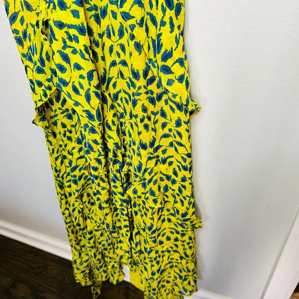 TANYA TAYLOR Yellow Blue Printed Silk Chiffon V-Neckline Maxi Dress Size 2 - Image 5