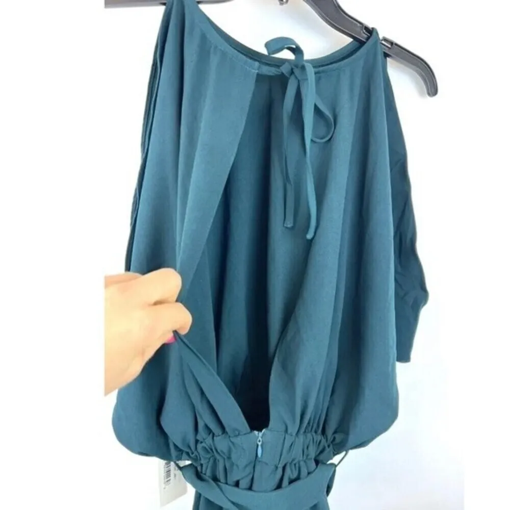 BISHOP + YOUNG Off Duty Teal Cold Shoulder Open Back Crepe Belted Romper M. - Image 5