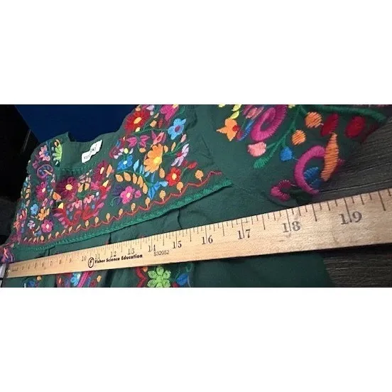 Mexican Embroidered Top S Green Puff Sleeve 100% Cotton Traditional Fiesta Artsy - Image 4