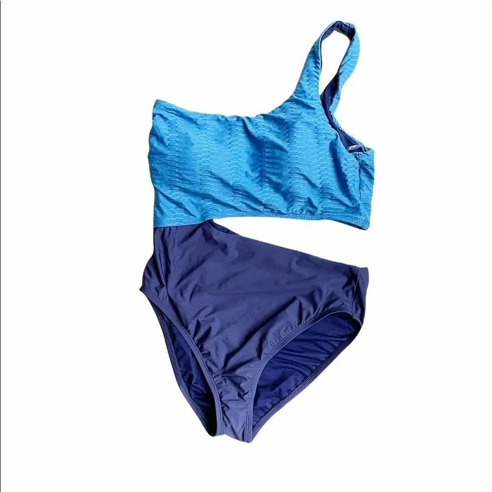 Splendid Blue Colorblock Cutout One Shoulder Swimsuit One Piece Monokini Size L - Image 6