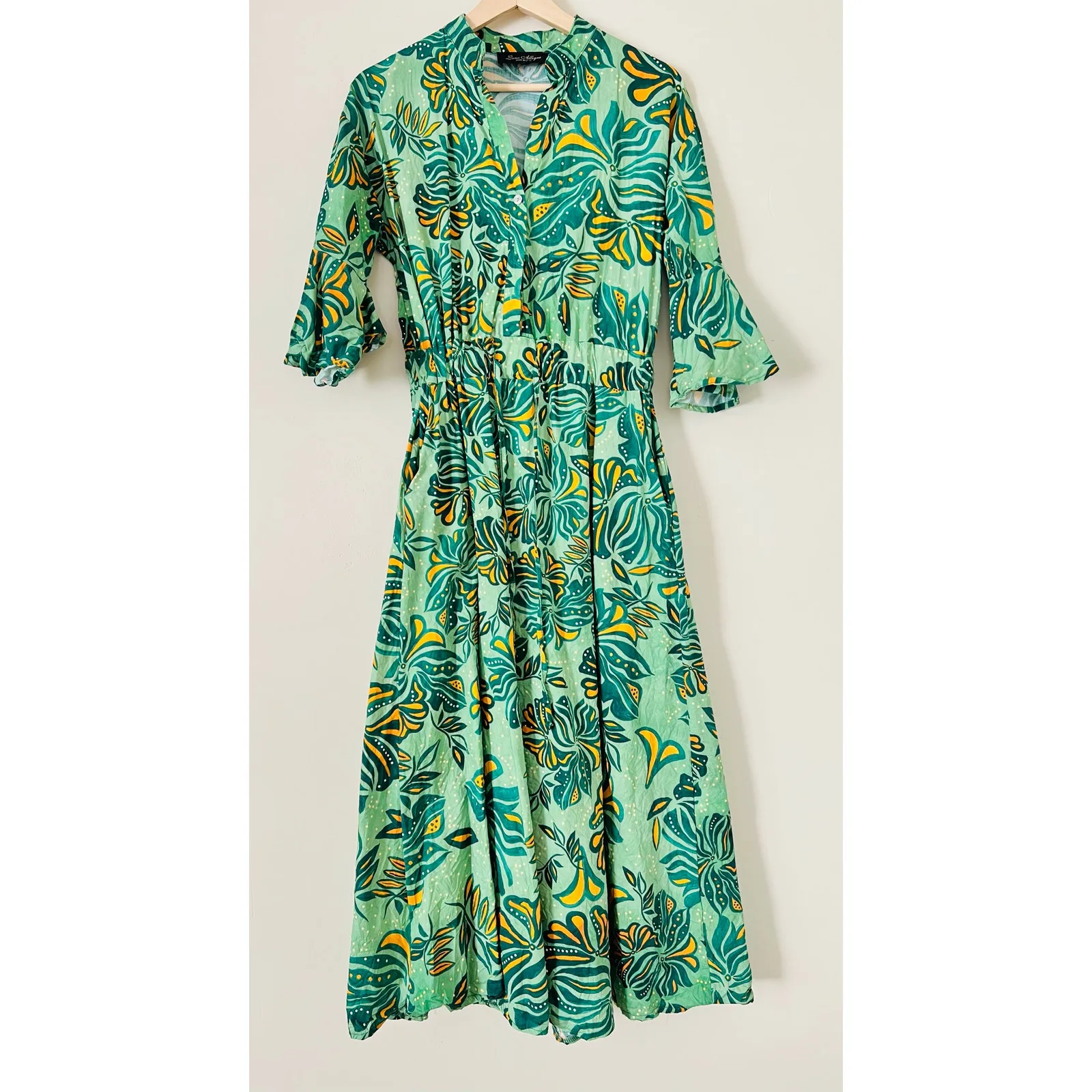 Luna Allegra Cotton Green Botanical Dress Large Bell Sleeve Midi Mandarin Collar - Image 2