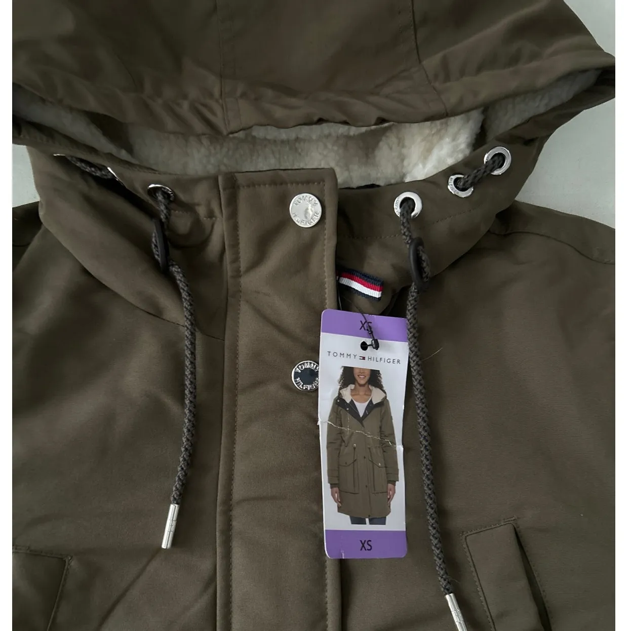 Tommy Hilfiger Ladies Green Juniper Parka Jacket Lined Hood Rib Storm Cuff XS - Image 6