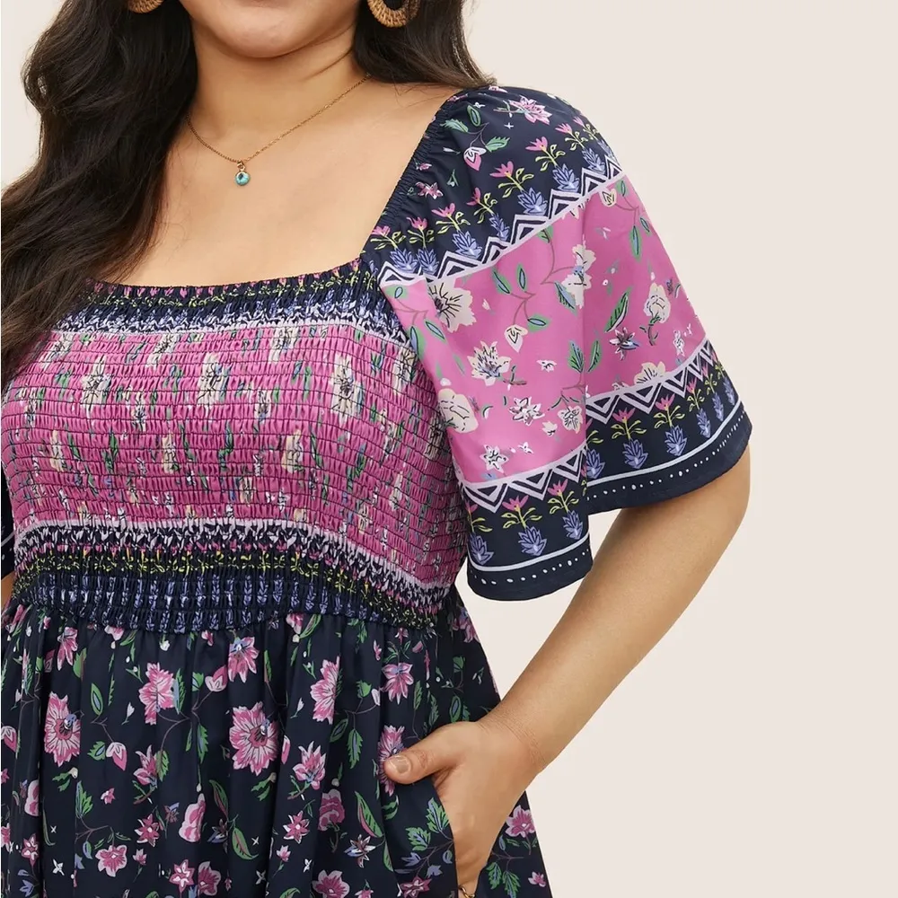 Ditsy Floral Shirred Patchwork Ruffle Sleeve Dress - Image 4