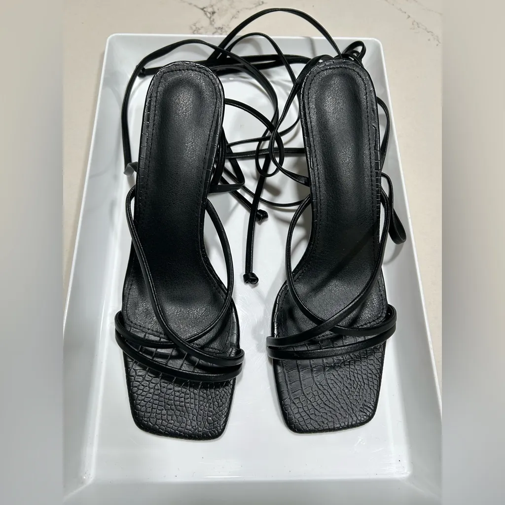 NEW Black Stiletto High Heels Strappy Lace Up Sandals 10 - Image 6