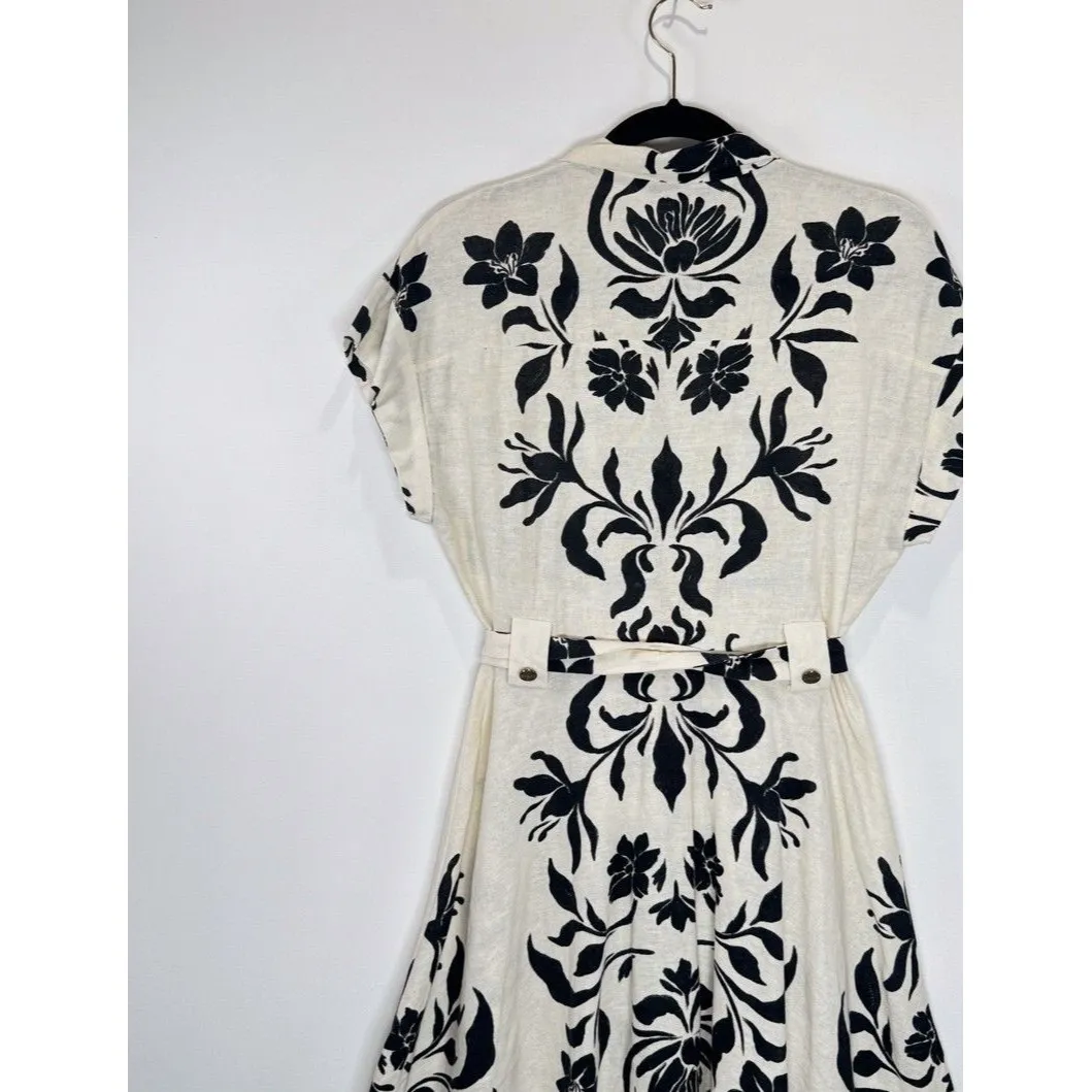 ZARA Womens Dress Beige Mini Floral Belted Linen Shirtdress Fit Flare Boho Large - Image 9