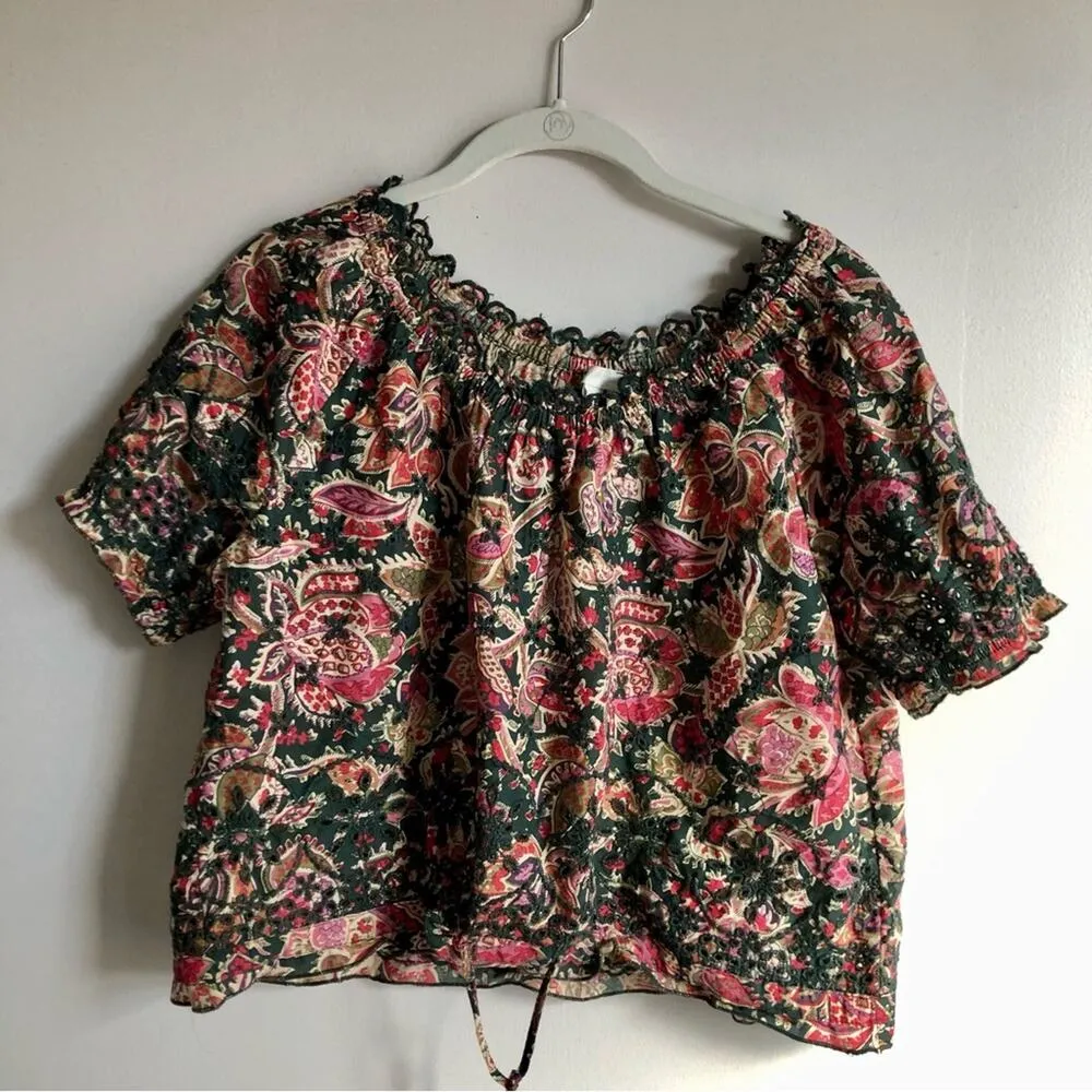 NWOT JENNIFER & GRACE Cropped Floral Peasant Puff Sleeve Boho Top Multicolor M - Image 15
