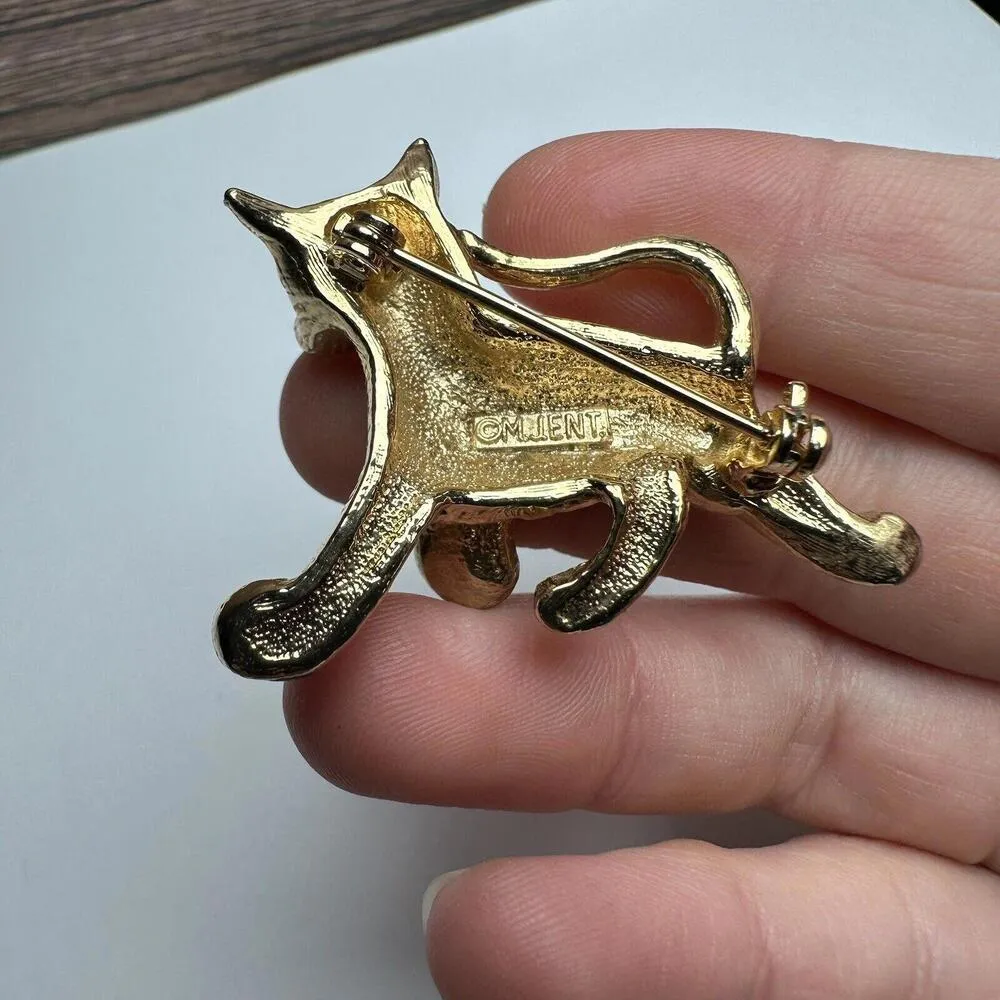 M. JENT Tiger Wild Cat Red Rhinestone Eyes Brooch Pin Gold Tone Vintage - Image 6