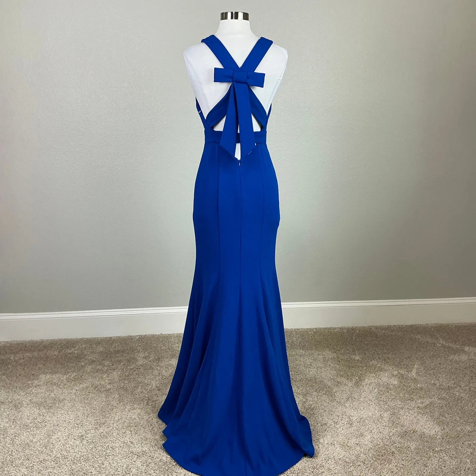 Backless A-Line V-Neck Bow Accent Evening Gown Blue Size 0 Long Formal Dress - Image 5