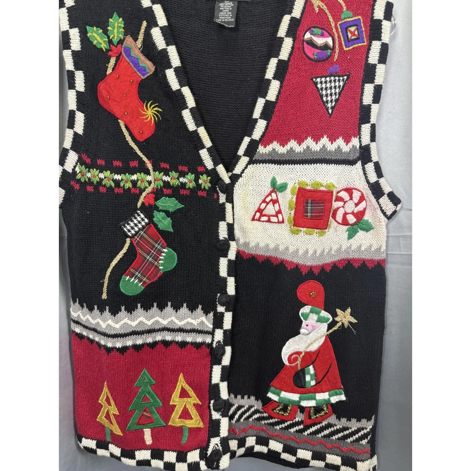 Theme Works Too Kikit Sweater Vest Womens 1X Black Christmas Ugly Santa Trees - Image 2