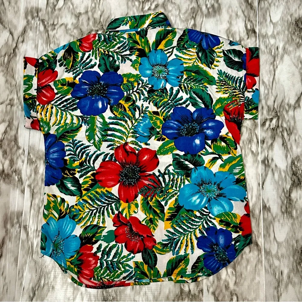 Michele Leslie of California Womens Sz S 8/10 Vibrant Floral Hawaiian Shirt Surf Red - Image 3