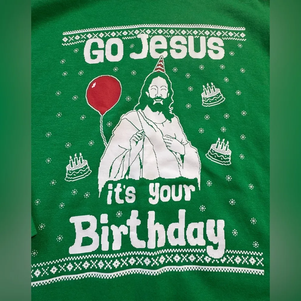 Go Jesus It's Your Birthday Christmas Party Sweater Green Sz L Size L - Image 2