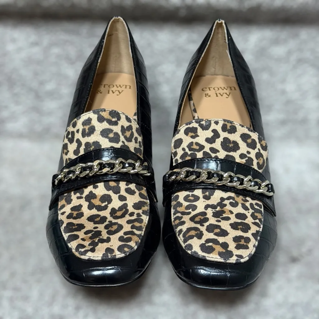 NEW Crown & Ivy Scarlett Cheetah Croc Embossed Block Heel Pumps Women’s 10 Chic - Image 3