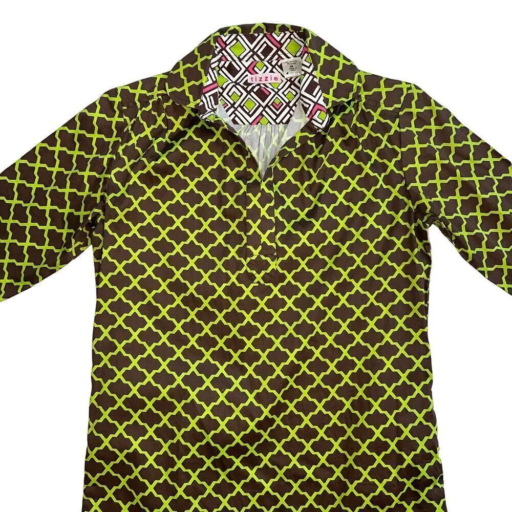 Tizzie Cotton Brown & Lime Green Geometric Tunic Top Contrast Cuffs Size XS - Image 4