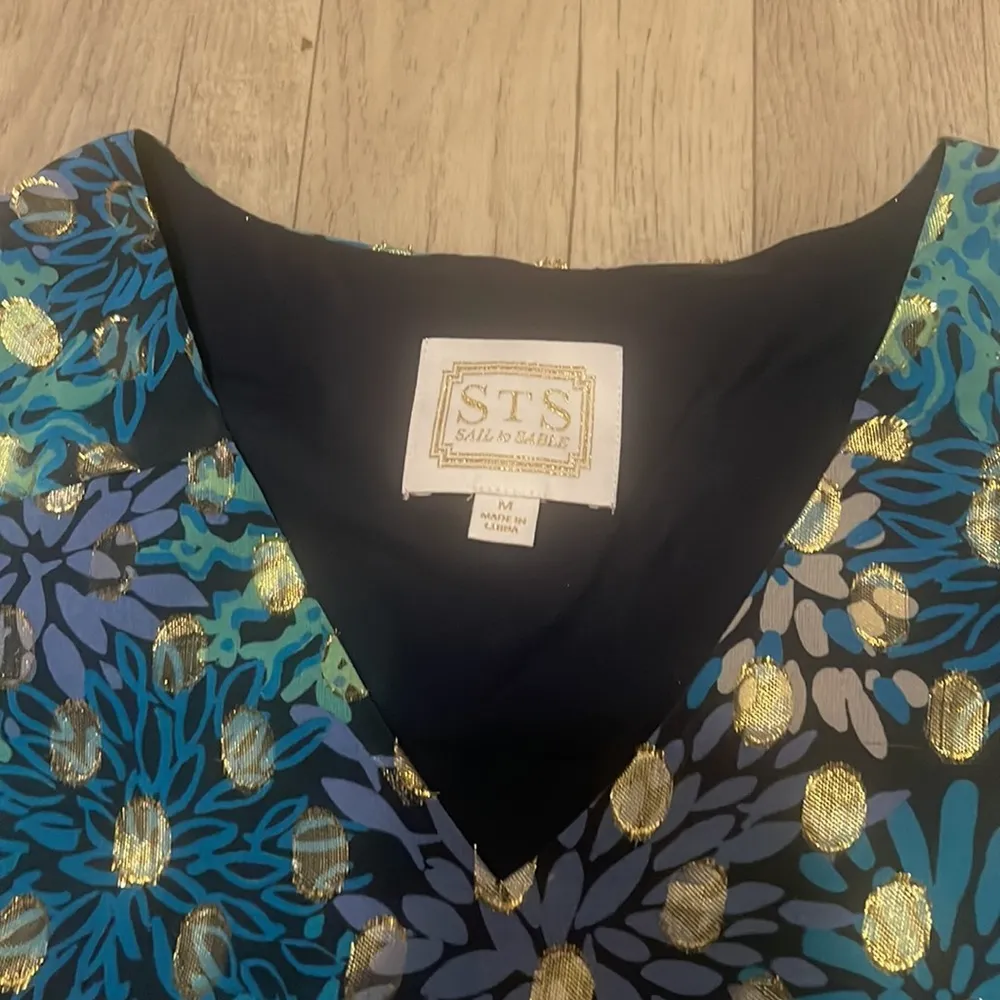 Sail to sable gold shimmer Swiss dot blue black v neck blouse - Image 5
