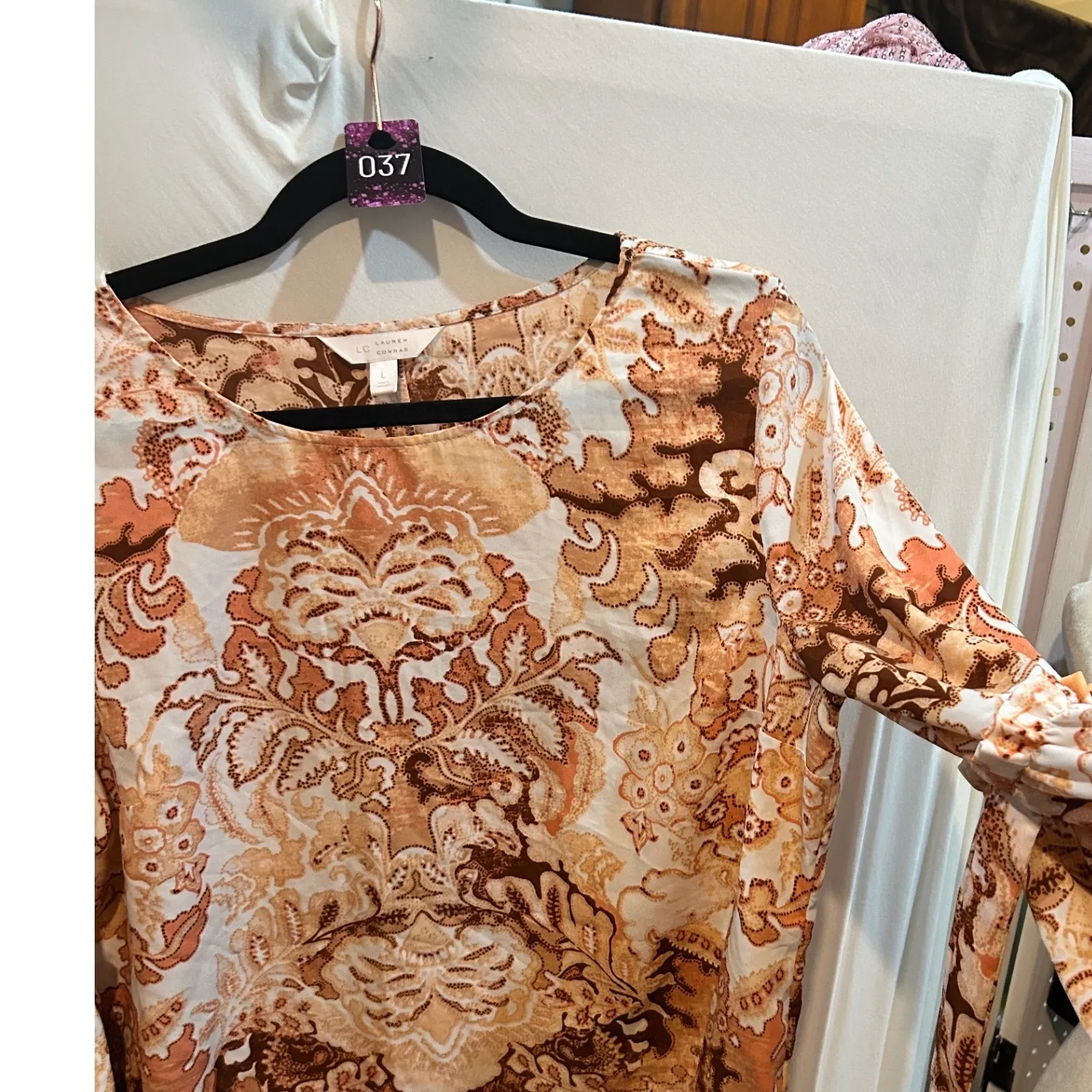 Lauren Conrad Womens‎ Top L Brown Orange Floral Tie Sleeve Long Sleeve Blouse - Image 3