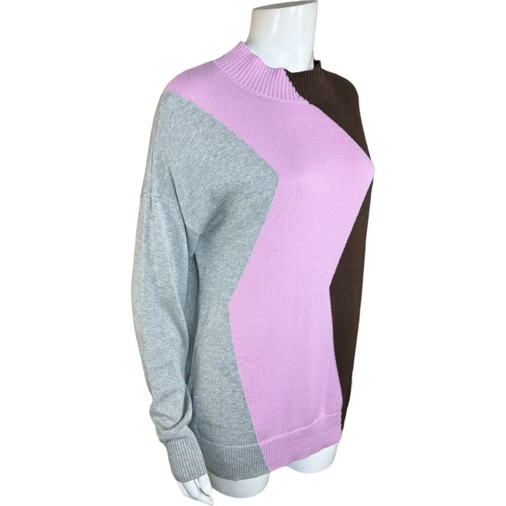 Belle by Kim Gravel Zig Zag Color Block Sweater Pink Lavender XS Brown - Image 2