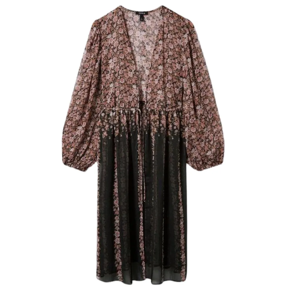 Crinkle Fabric Mix Tie Front Maxi Kimono - Image 3