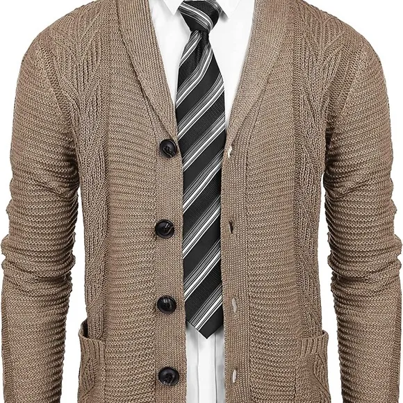 Men's Shawl Collar Cardigan Sweater Slim Fit Casual Cable Knitted Sweaters Med Tan - Image 2