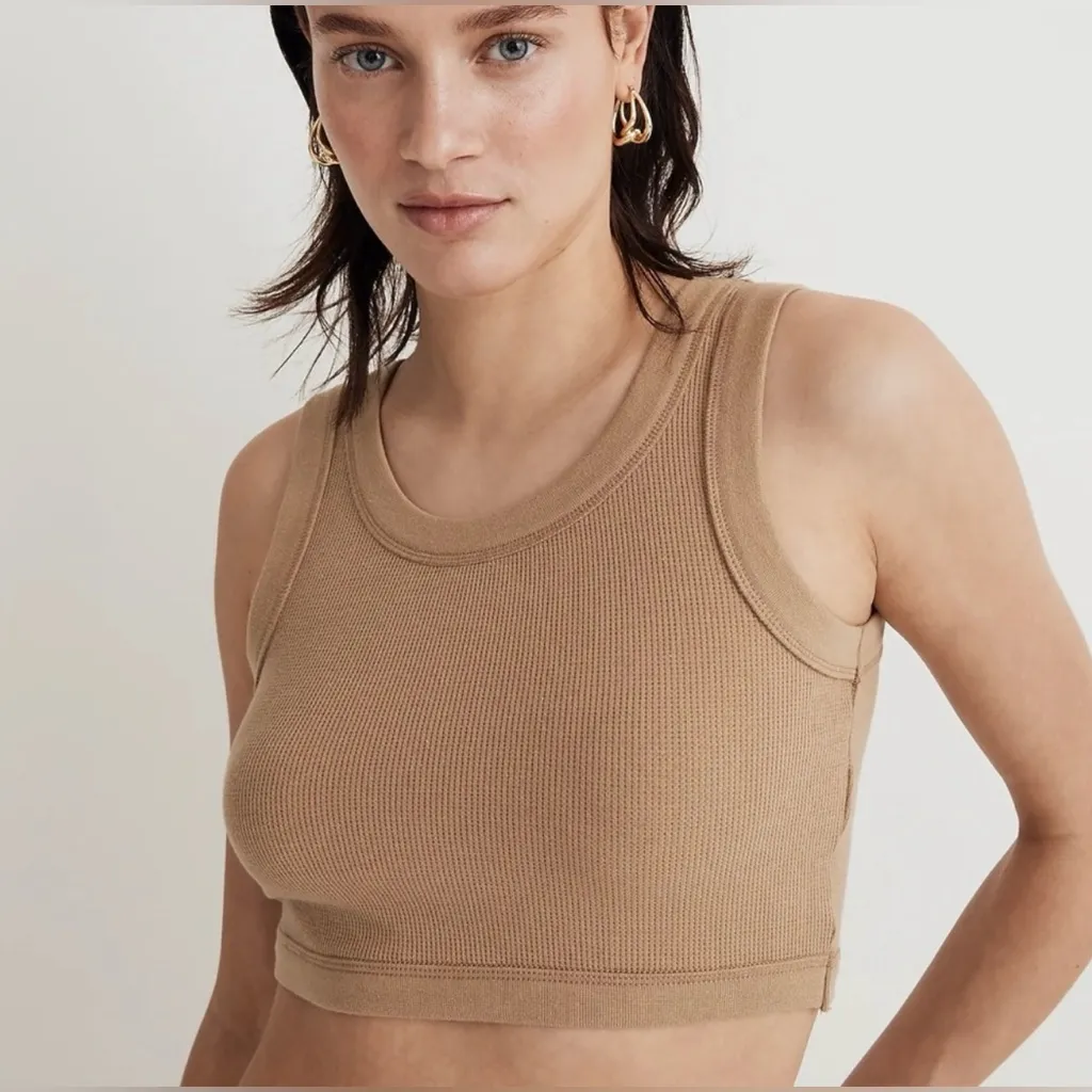 Madewell Crewneck Crop Waffle‎ Knit Fitted Tank Top in Tan Size XS Style #NL396 - Image 2