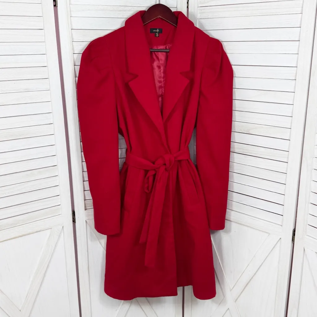 OnTwelfth Puff Shoulder Sleeve Belted Coat Trench Red XL - Image 8