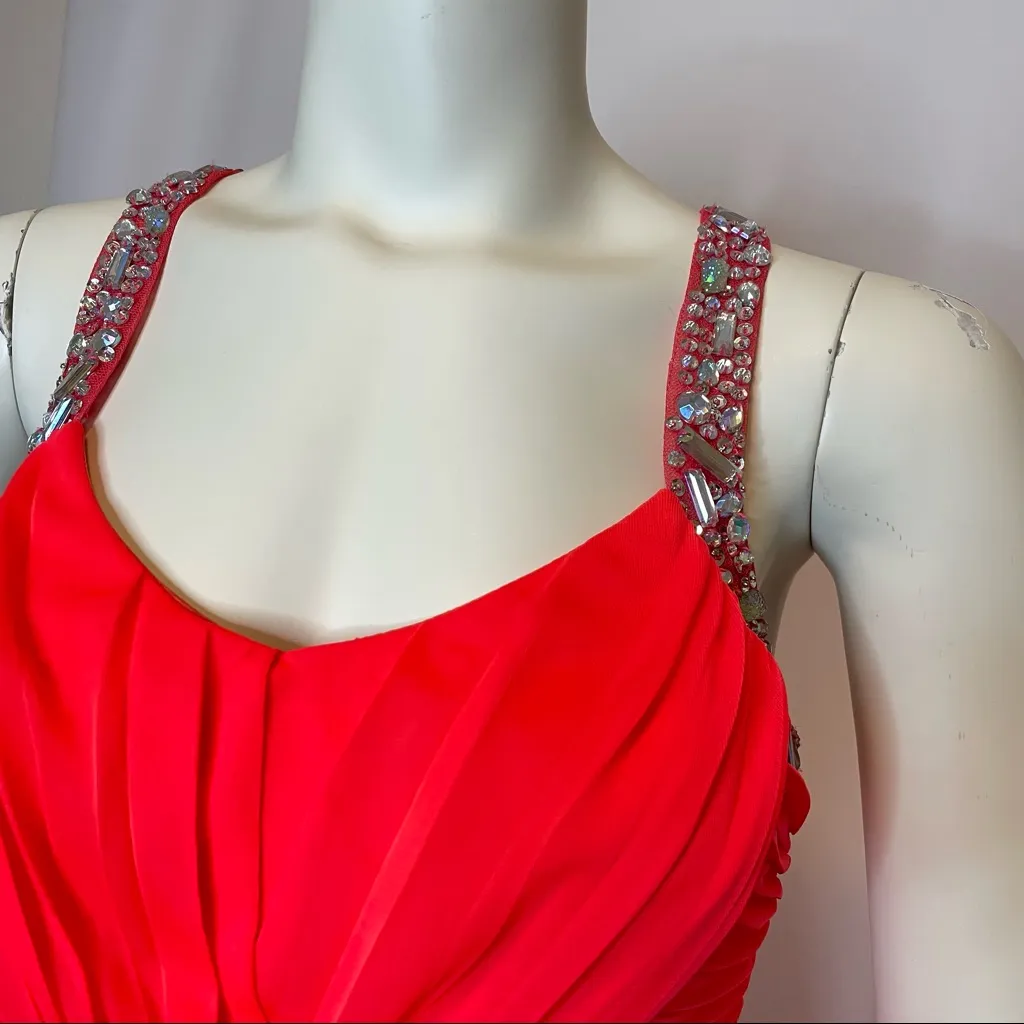 City Triangles Prom Dress Bright Coral Grecian Formal‎ Gown Beaded Cross Sequins - Image 4