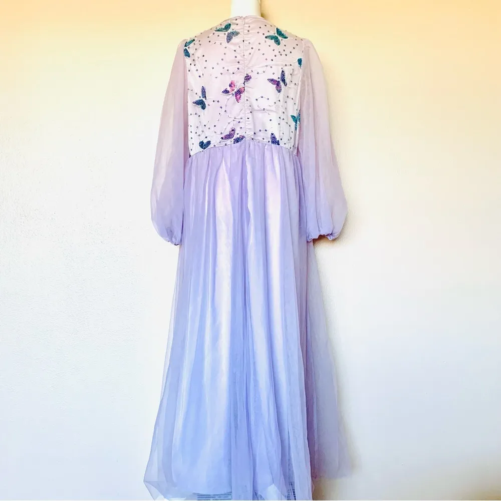 Shein Curve Purple & Blue Butterfly Print Sequin Long Sleeve Tulle Maxi Dress. - Image 6