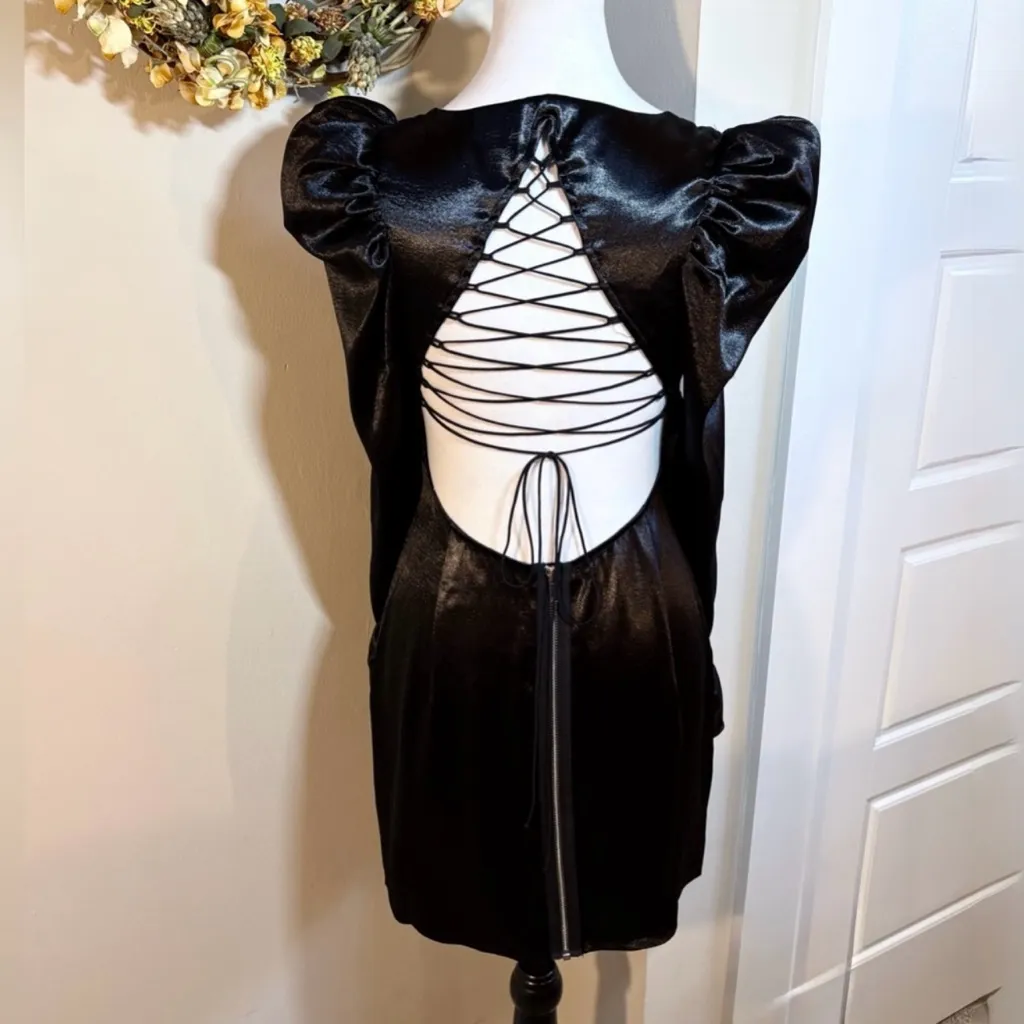 For Love & Lemons Prince Lace-Up Satin Mini Dress Black Puff Sleeve~Small 🧡 - Image 6