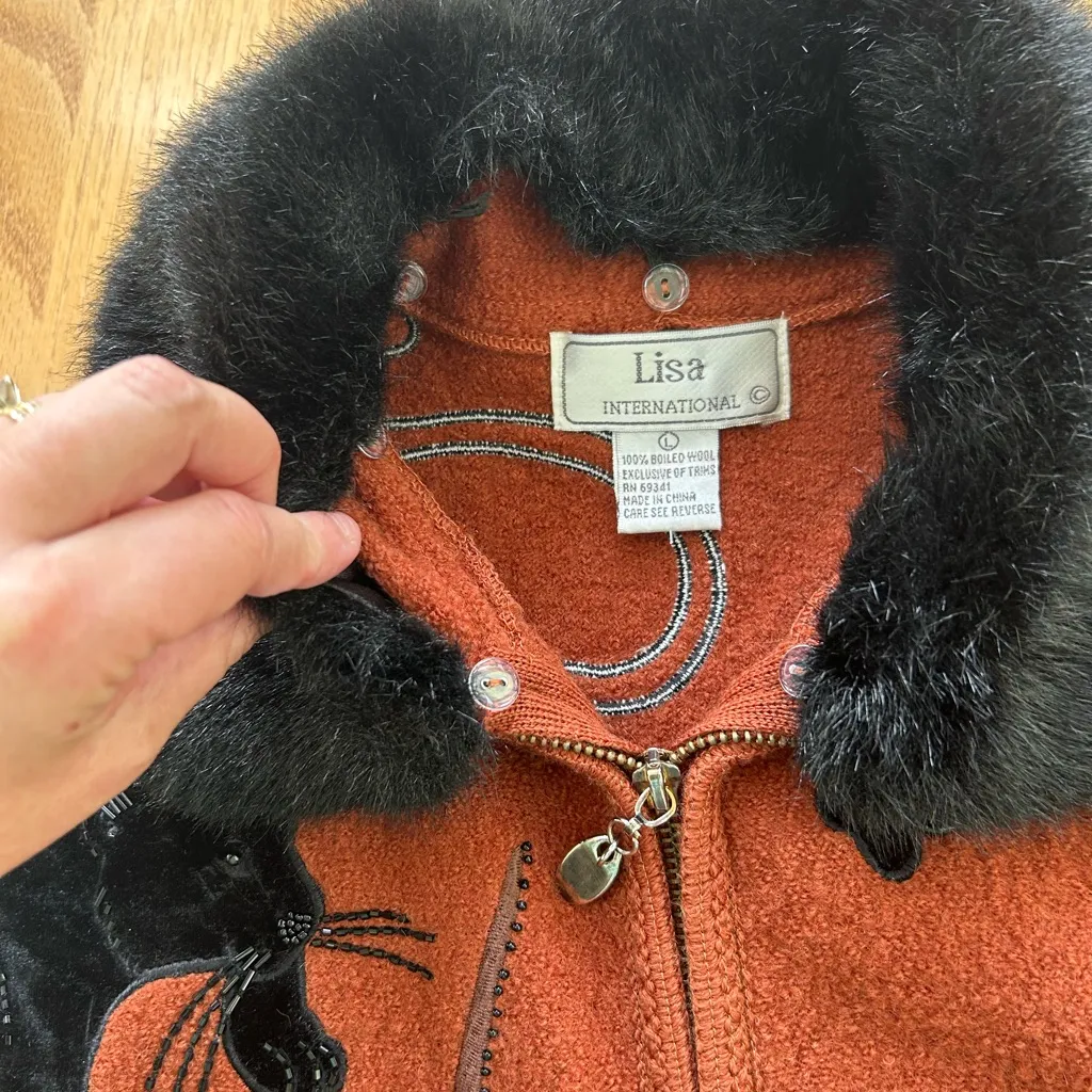 Lisa International 100% Boiled Wool Faux Fur Collar Panther Brown Vest Large - Image 4
