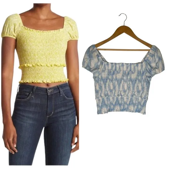 New Lush Womens Size Medium Cropped Top Smocked Cap Puff Sleeve White Blue Swirl - Image 2