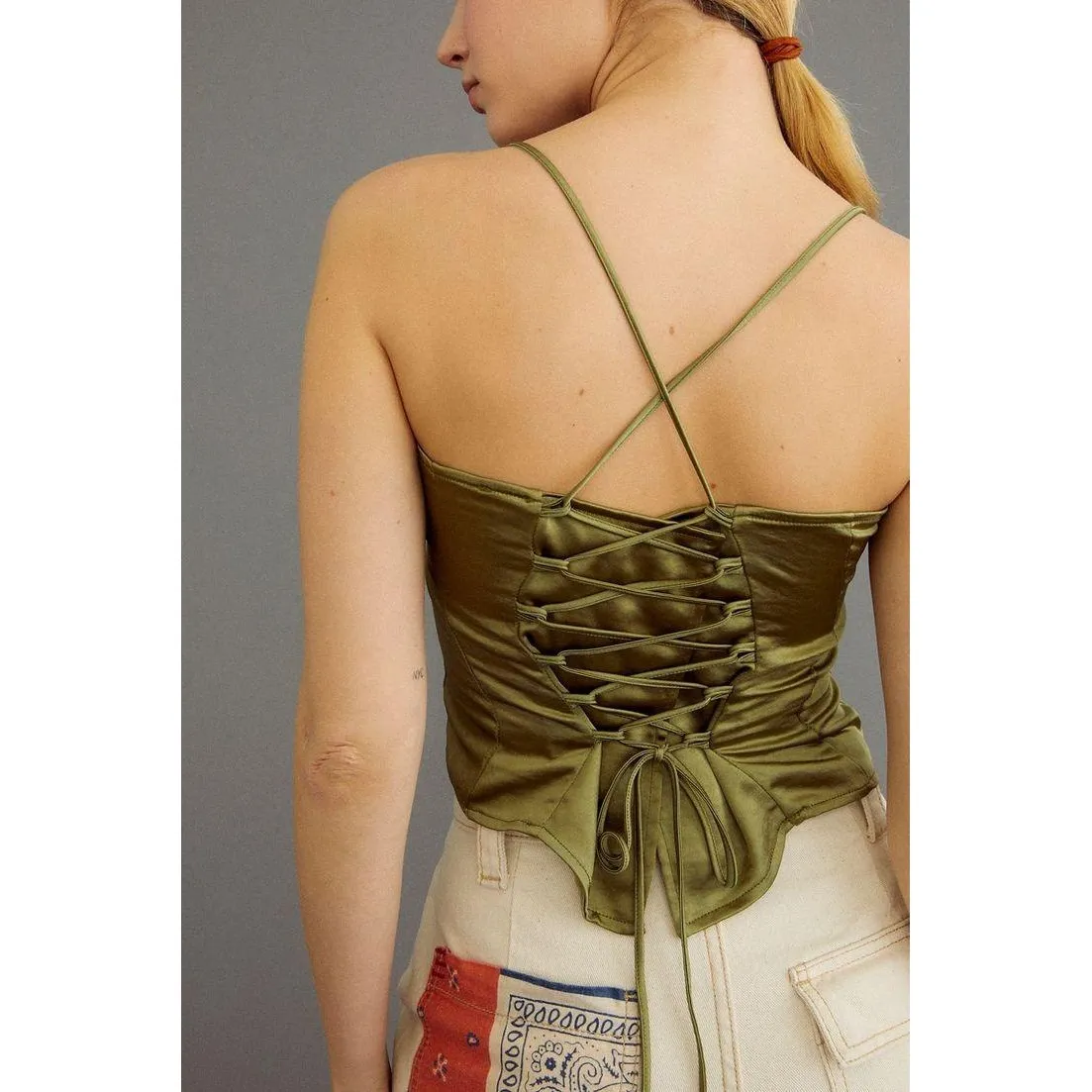 $107 Urban Outfitters Motel Rocks Olive Green Satin Corset Lace Up Top Size M - Image 2