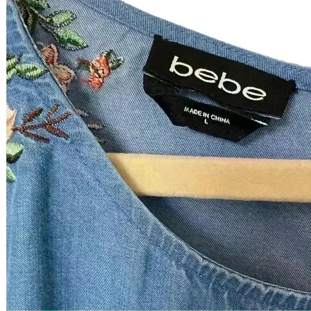 Bebe Chambray Floral Shoulder Embroidered Crop Top - Image 5