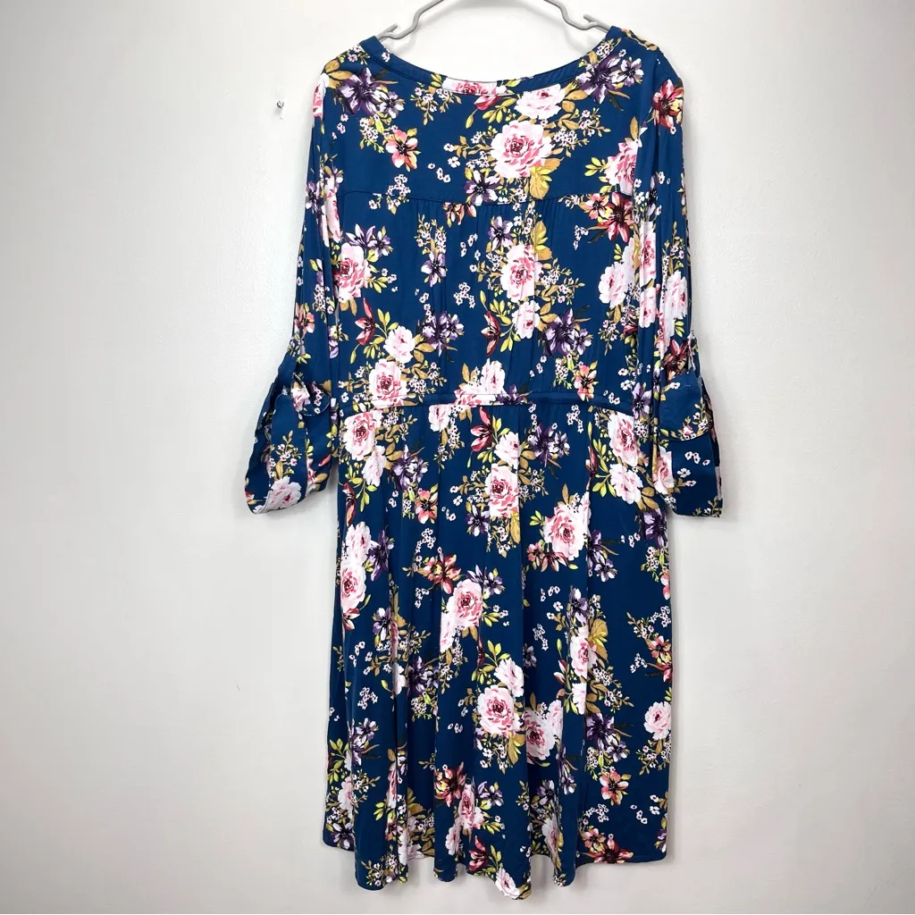 Torrid Blue Floral Zip Up 3/4 Tab Sleeve Pockets Challis Hi‎ Low Shirt Dress 3X - Image 7