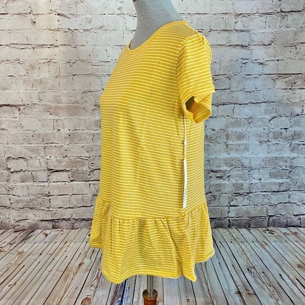 Caslon Womens Yellow Ivory Striped Crewneck Short Sleeve Peplum Tee Small NWT - Image 3