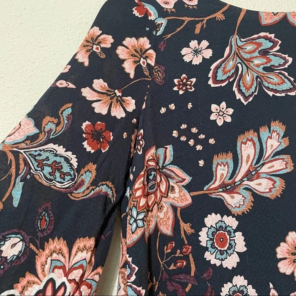 Ecote Navy Blue Floral Bell Sleeve Mini Shift Dress Womens S Dark Moody Fall - Image 9