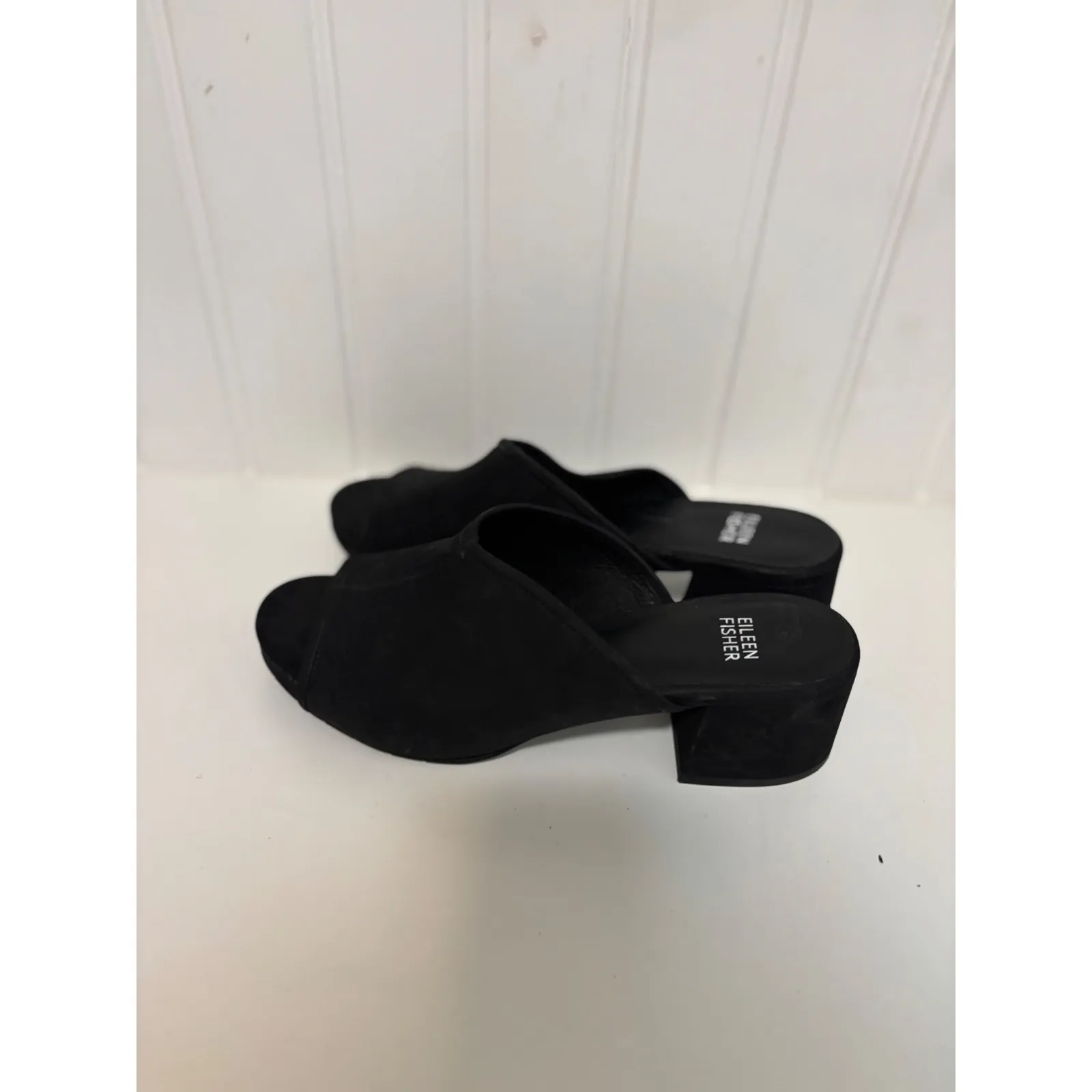 Eileen Fisher Black Suede Block Heel‎ Mules Open Toe Slip On Women's Shoes - Image 2