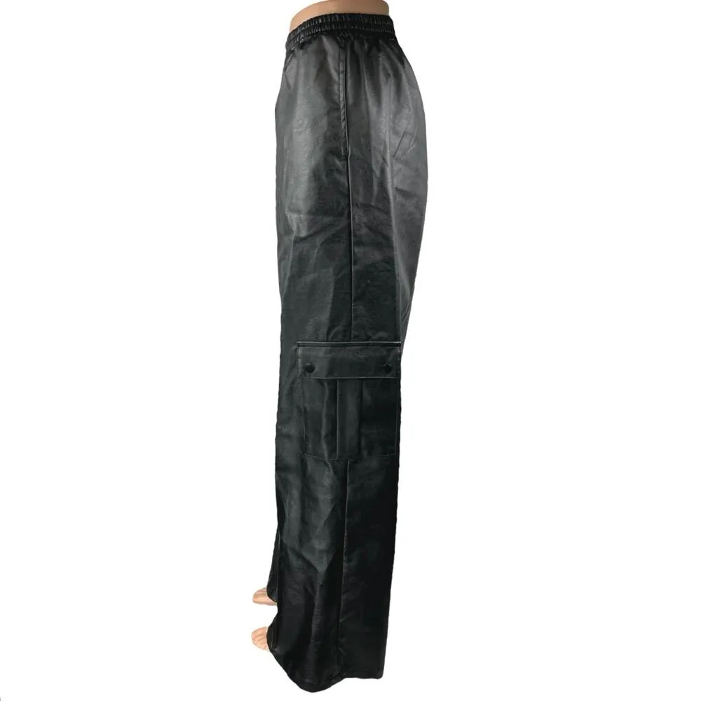 Princess Polly Black Faux Leather Straight Wide Leg High Waist Trousers Pants 6 - Image 2