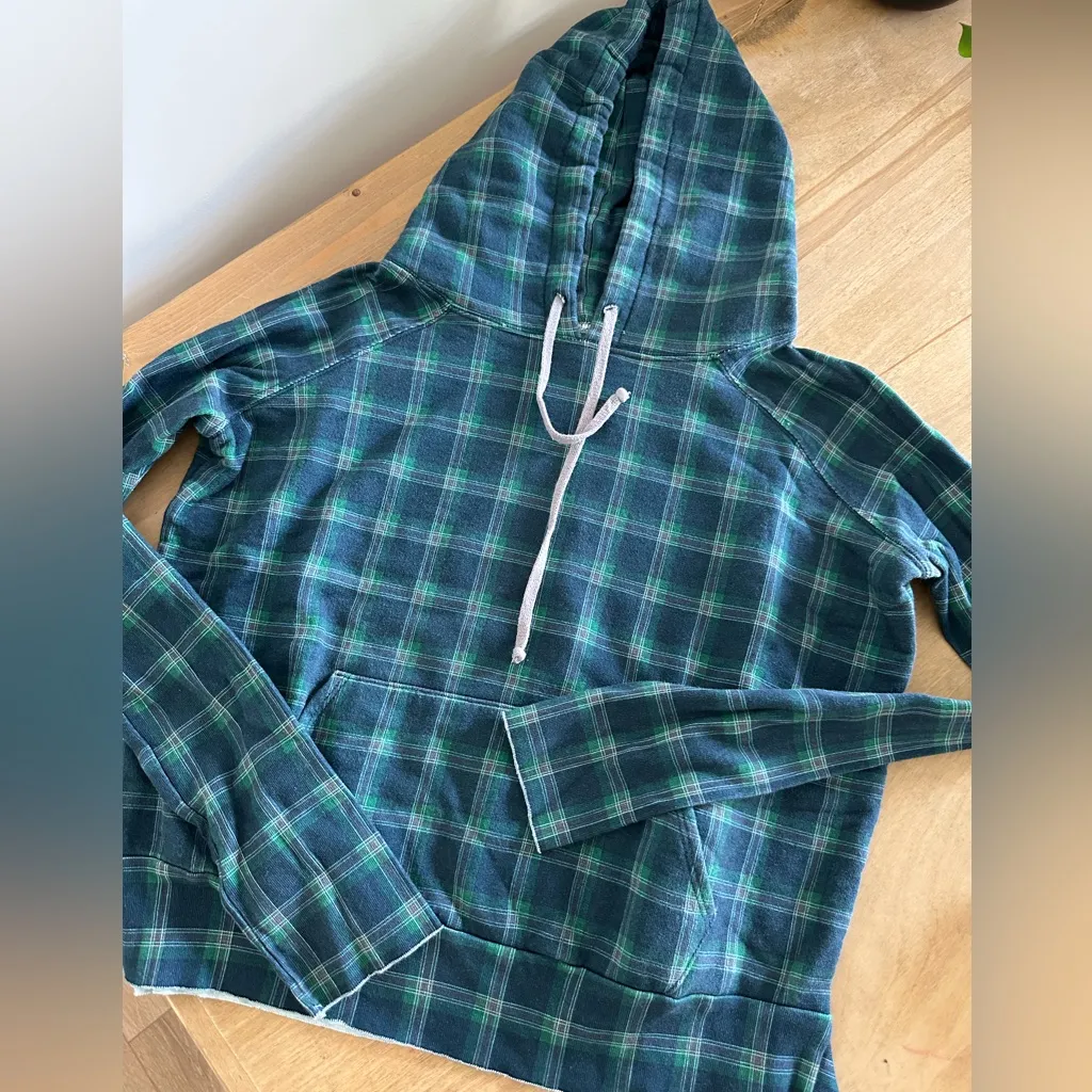 $198 Frank and Eileen Tee Lab Medium Pullover distressed hoodie - Blue Plaid - Image 3
