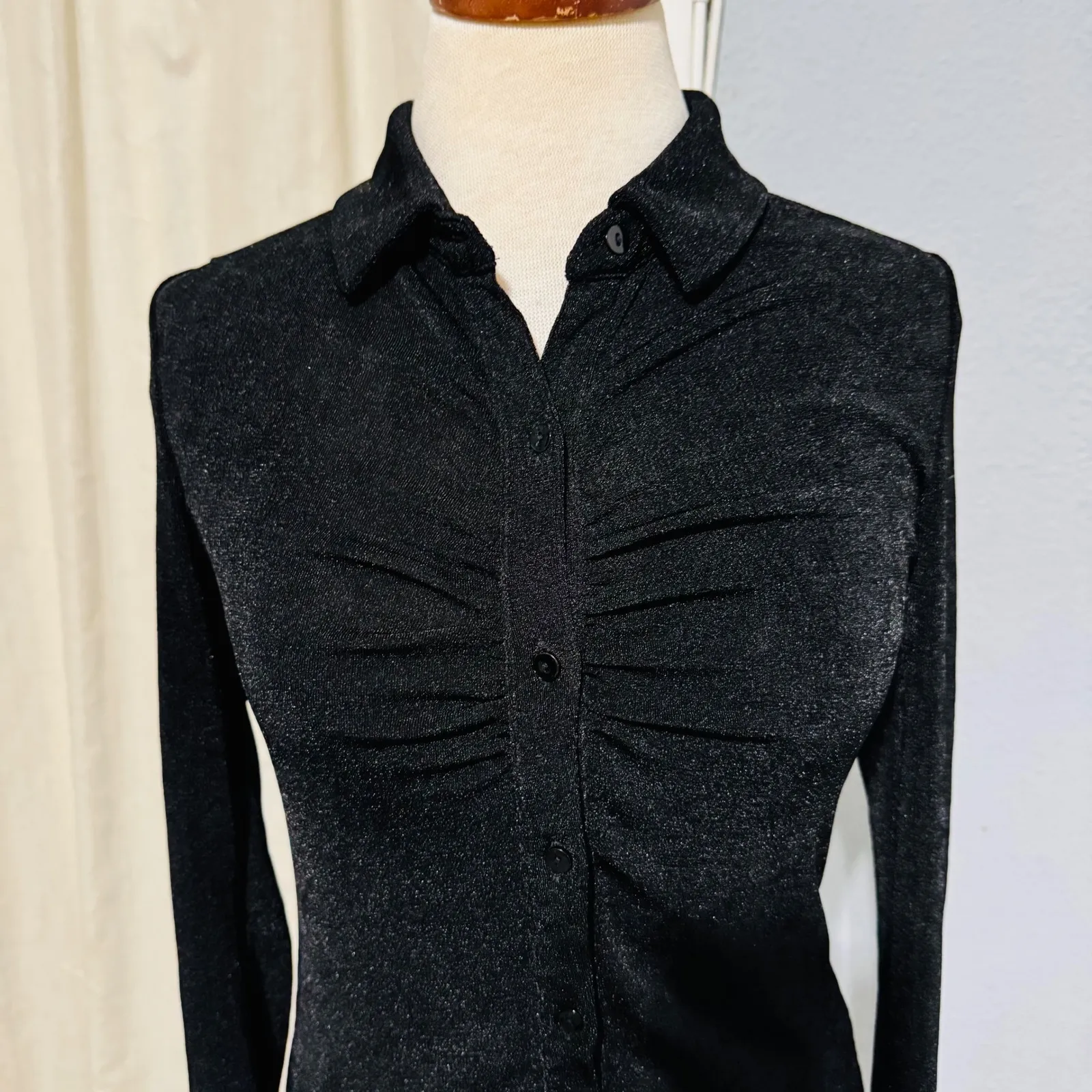 Becool Career Black Glitter Ruched Button Up Long Sleeve Gothic Shirt Women Sz S - Image 2