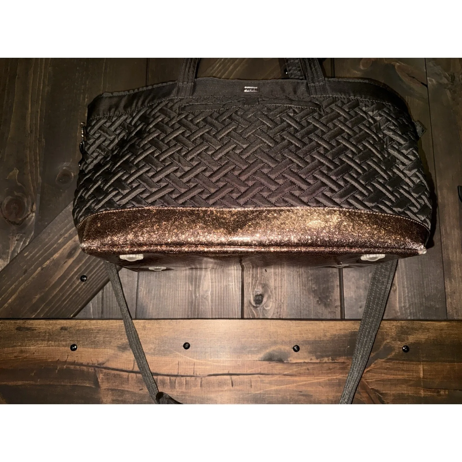 LUG Avion Brown Gold Glitter Large‎ Quilted Shoulder Tote Travel Bag NWOT - Image 3