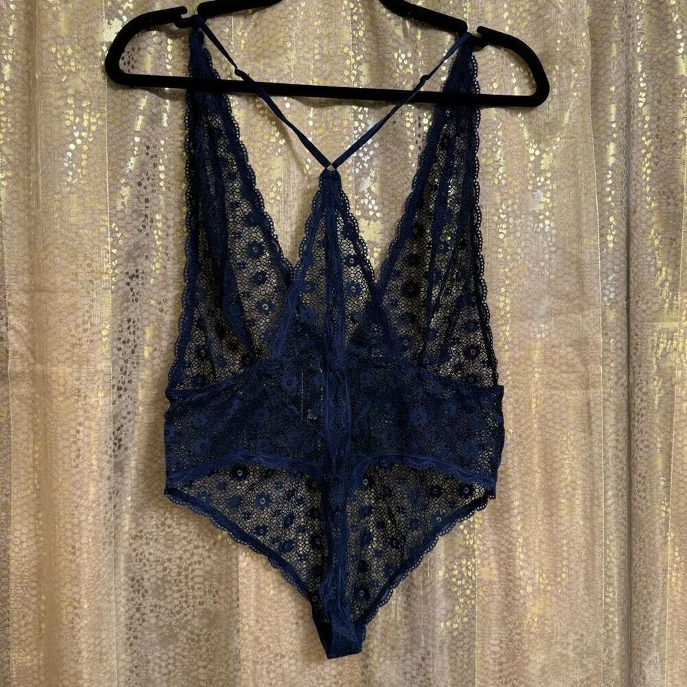 Victorias Secret Navy Blue Fully Lace One Piece Lingerie Bodysuit Large NWOT - Image 2