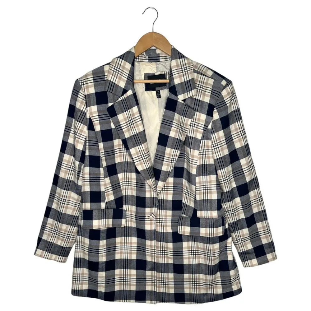 Eloquii Blazer Womens 14 Plaid Long Strong Shoulder One Button Career Blue - Image 2