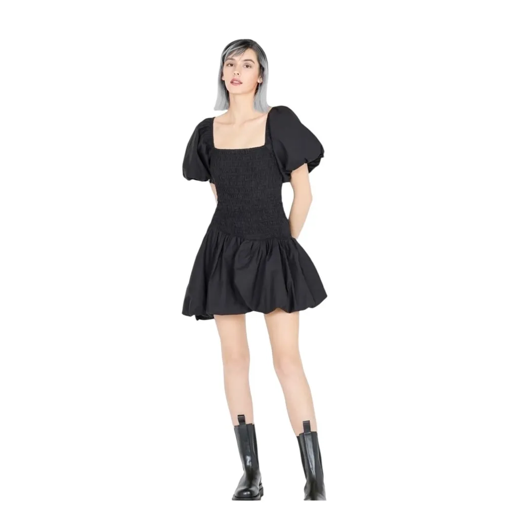 Loveshackfancy Asa Puff Sleeve Bubble Hem Mini Dress Black - Image 2