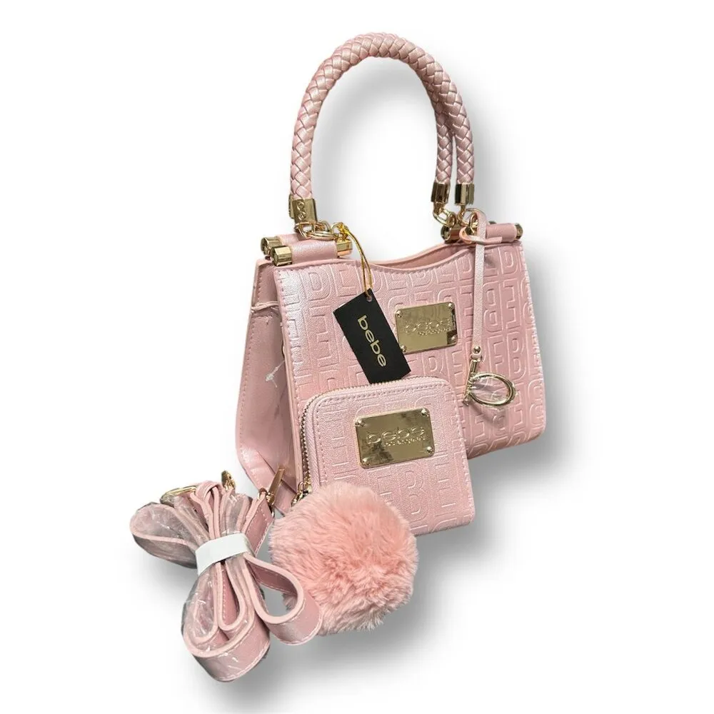 Bebe Alexandra Mini Satchel Gift Set Blush Shine Pink Logo‎ Faux Leather NWT - Image 12