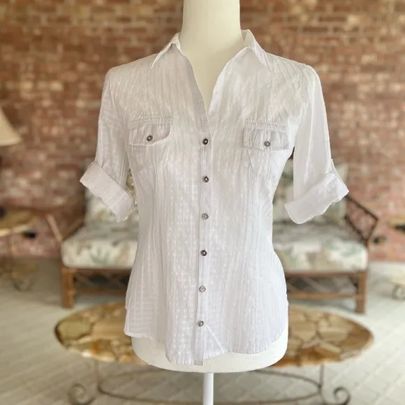 WHBM Top Roll-tab Sleeve White Textured Luxe 0 Button Up Collared Blouse Dressy - Image 2