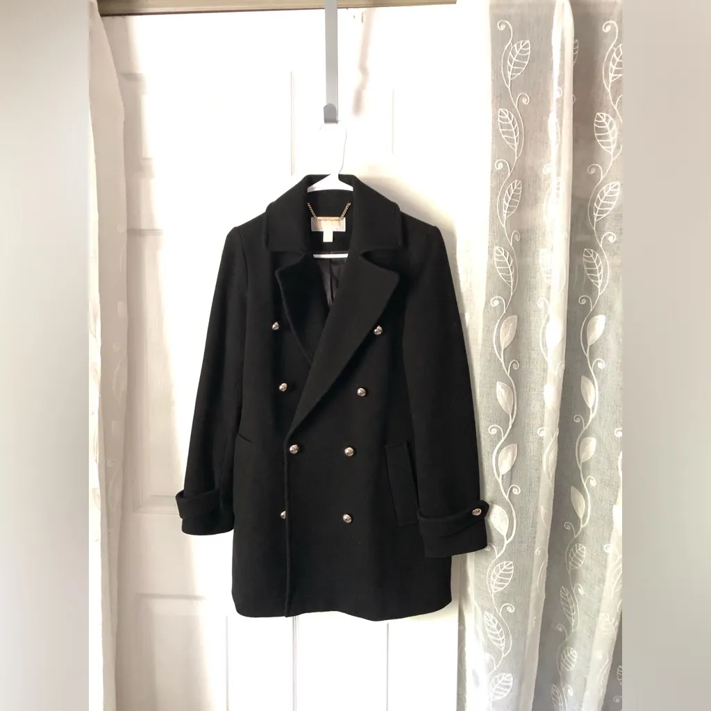Michael Kors Wool Blend Coat Black Double Breasted women sz 0 pea coat oversized - Image 3
